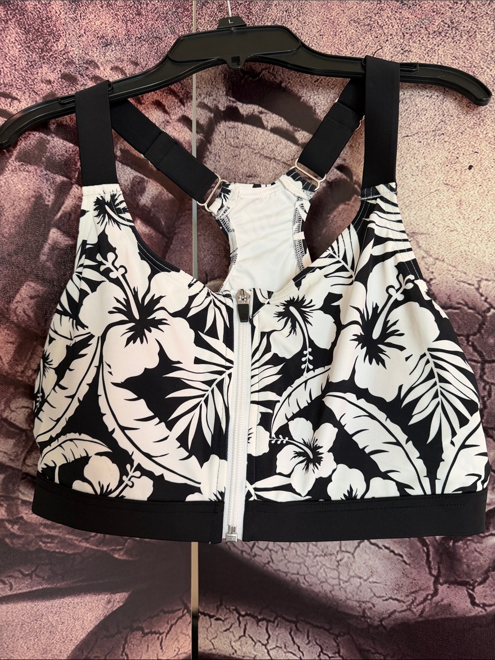 Lands End Black & White Floral Zip-Front Sports SwimTop